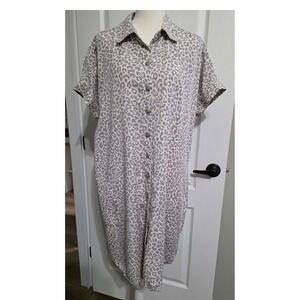 Soft Surroundings Women Large Gray Leopard Print Tencel Shirtdress Midi Safari